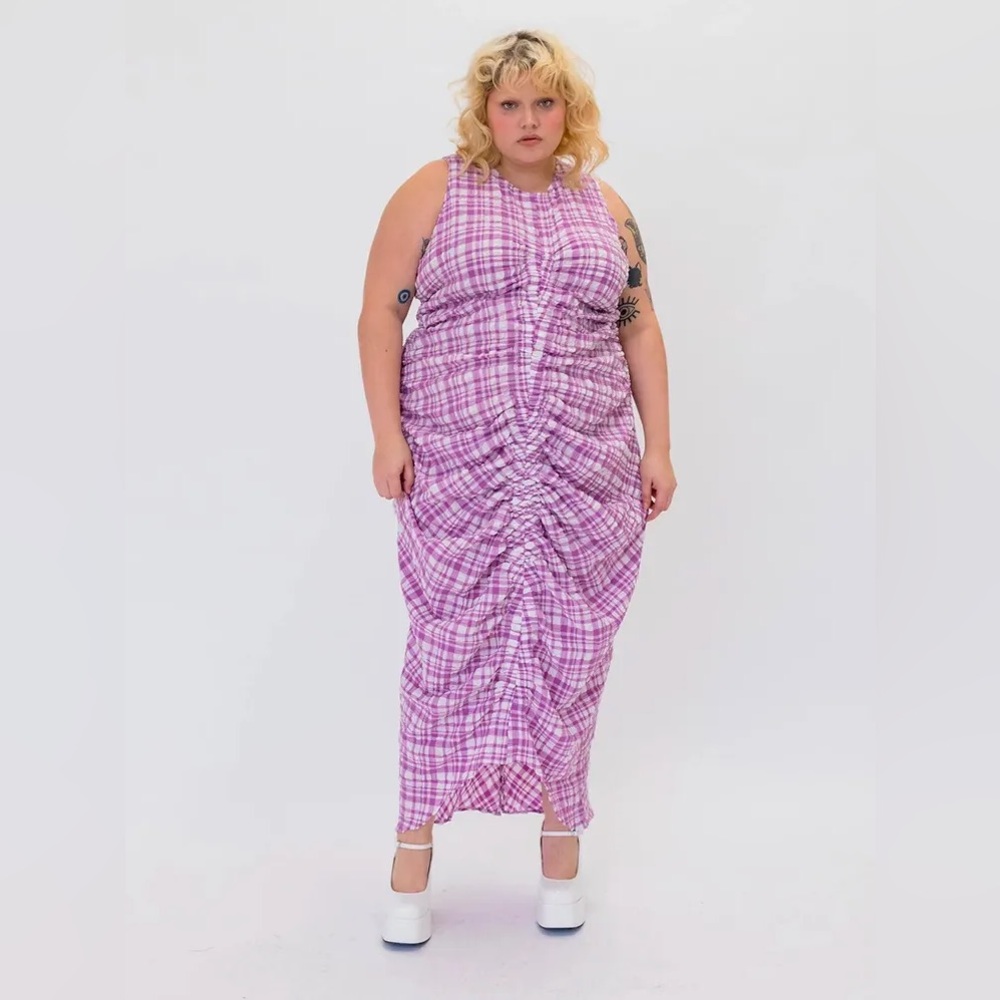 Wray 4XL Josephine dress crinkle ruched picnic plaid dress in lavender